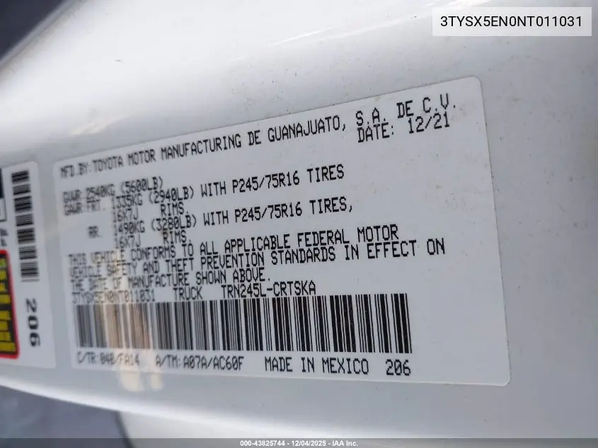3TYSX5EN0NT011031 2022 Toyota Tacoma Sr