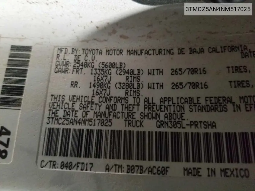 3TMCZ5AN4NM517025 2022 Toyota Tacoma Trd Off Road