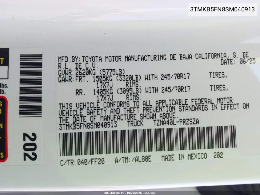 3TMKB5FN8SM040913 2025 Toyota Tacoma Sr5