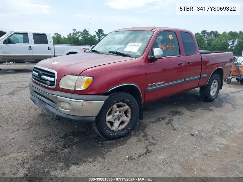 5TBRT3417YS069322 2000 Toyota Tundra Sr5 V8