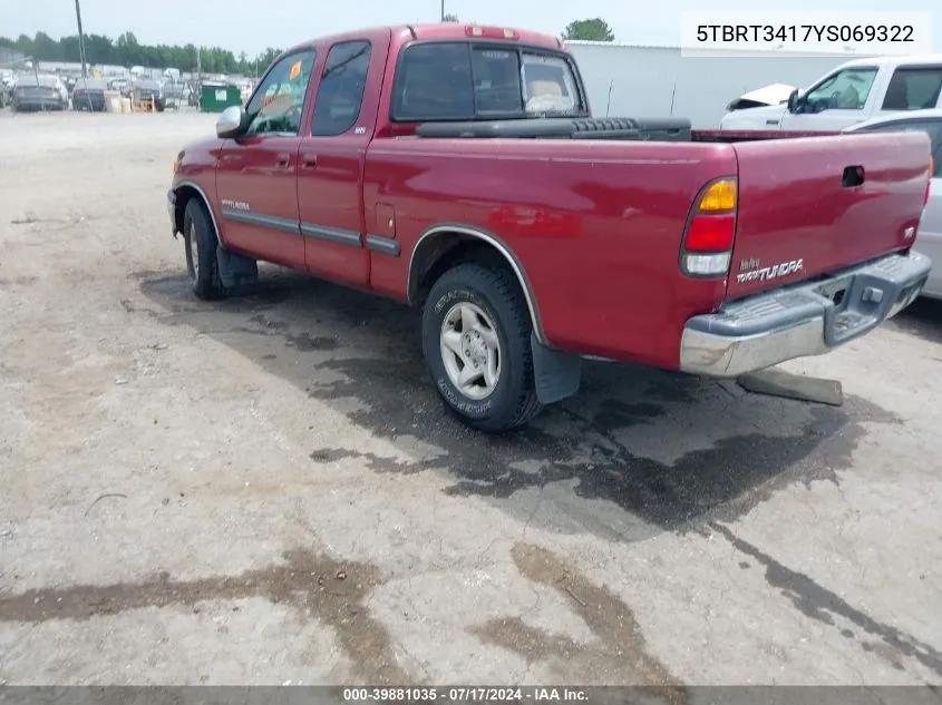 2000 Toyota Tundra Sr5 V8 VIN: 5TBRT3417YS069322 Lot: 39881035