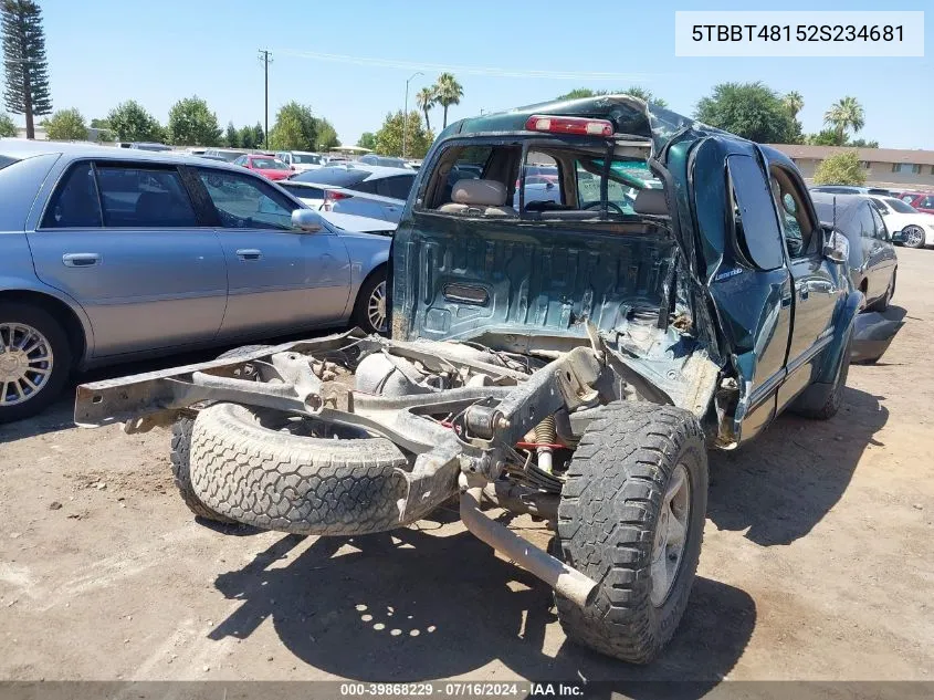 2002 Toyota Tundra Ltd V8 VIN: 5TBBT48152S234681 Lot: 39868229