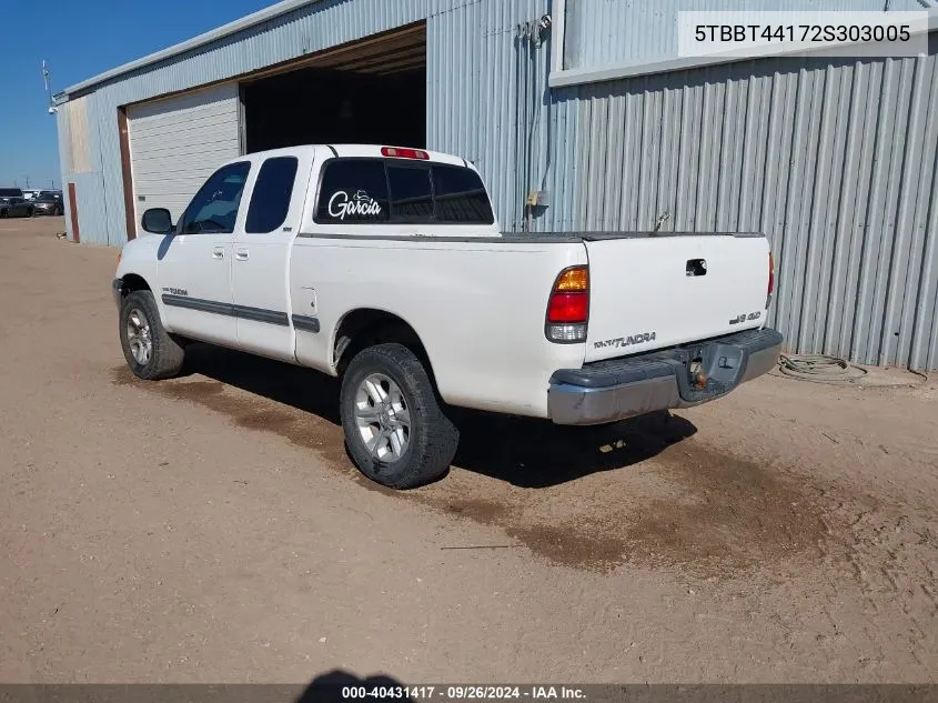 2002 Toyota Tundra Sr5 V8 VIN: 5TBBT44172S303005 Lot: 40431417