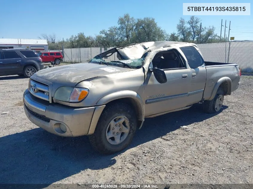 2003 Toyota Tundra Sr5 V8 VIN: 5TBBT44193S435815 Lot: 40245028