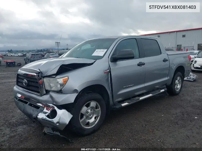 5TFDV541X8X081403 2008 Toyota Tundra Sr5 5.7L V8