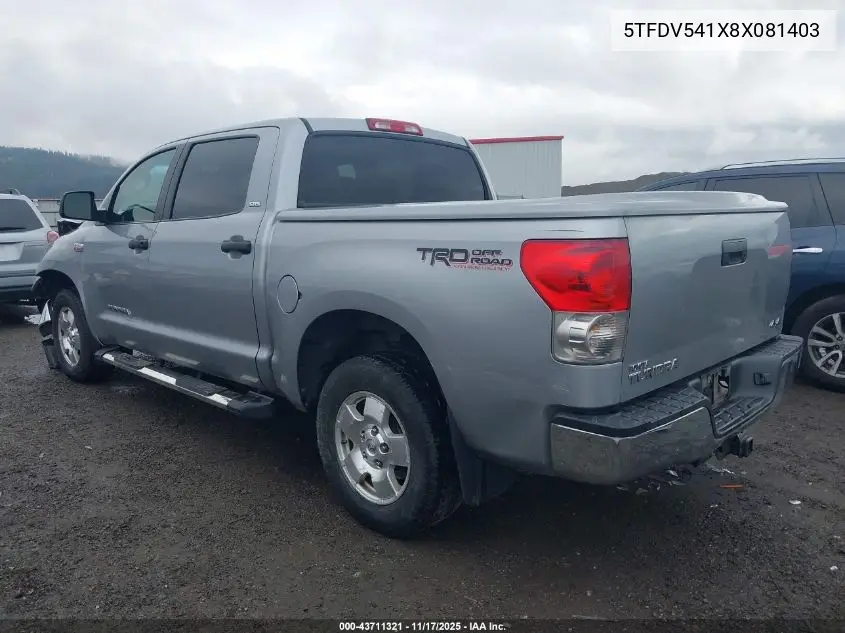 5TFDV541X8X081403 2008 Toyota Tundra Sr5 5.7L V8