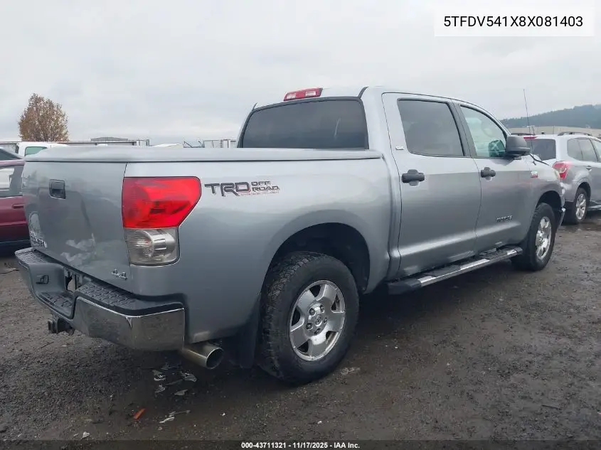 5TFDV541X8X081403 2008 Toyota Tundra Sr5 5.7L V8