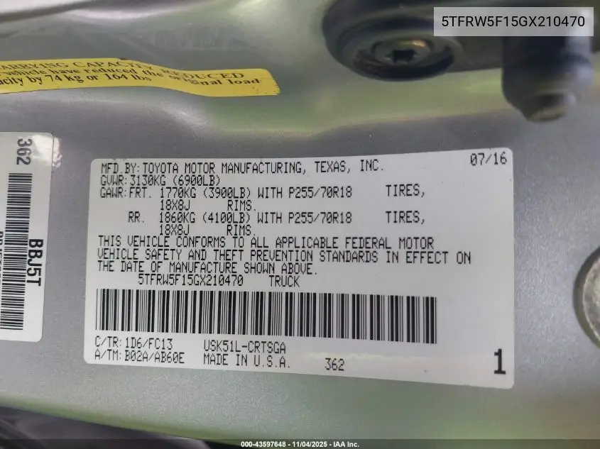 5TFRW5F15GX210470 2016 Toyota Tundra Sr5 5.7L V8