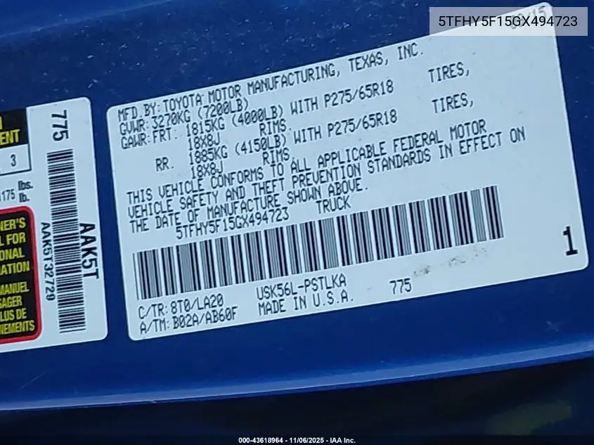 5TFHY5F15GX494723 2016 Toyota Tundra Limited 5.7L V8
