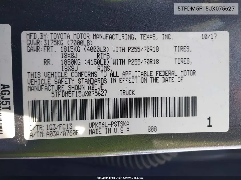 5TFDM5F15JX075627 2018 Toyota Tundra Sr5 4.6L V8