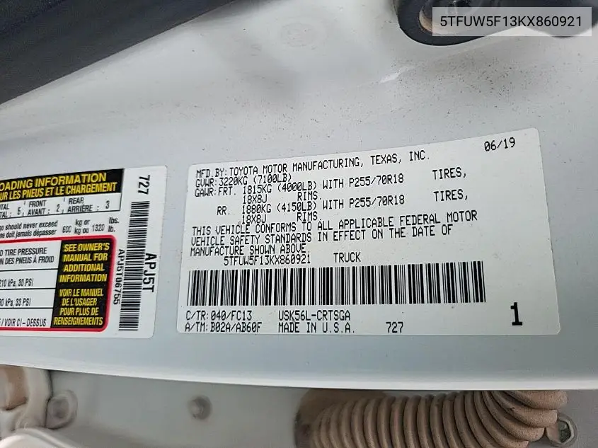 5TFUW5F13KX860921 2019 Toyota Tundra Sr5 5.7L V8