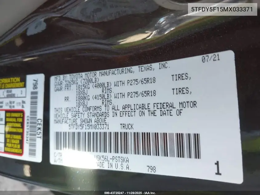 5TFDY5F15MX033371 2021 Toyota Tundra Sr5