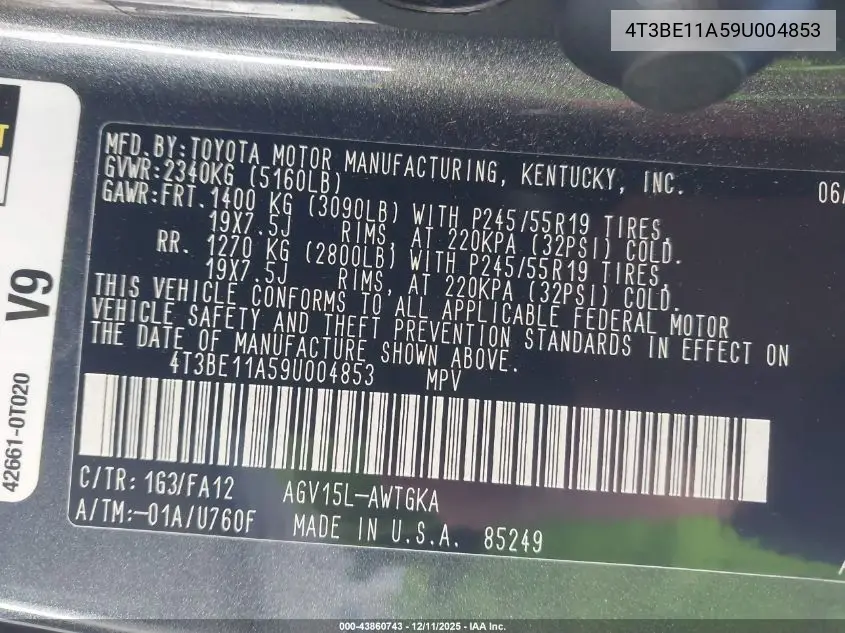 4T3BE11A59U004853 2009 Toyota Venza