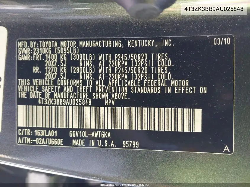 4T3ZK3BB9AU025848 2010 Toyota Venza Base V6