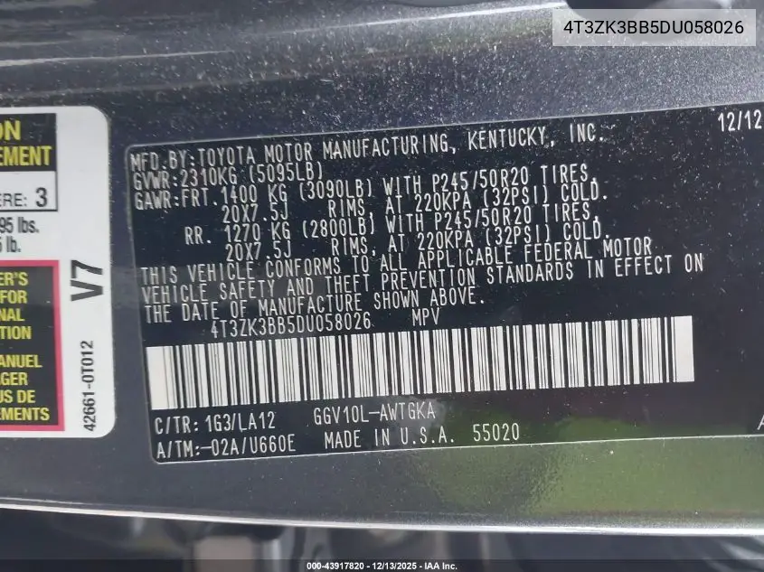 4T3ZK3BB5DU058026 2013 Toyota Venza Xle V6