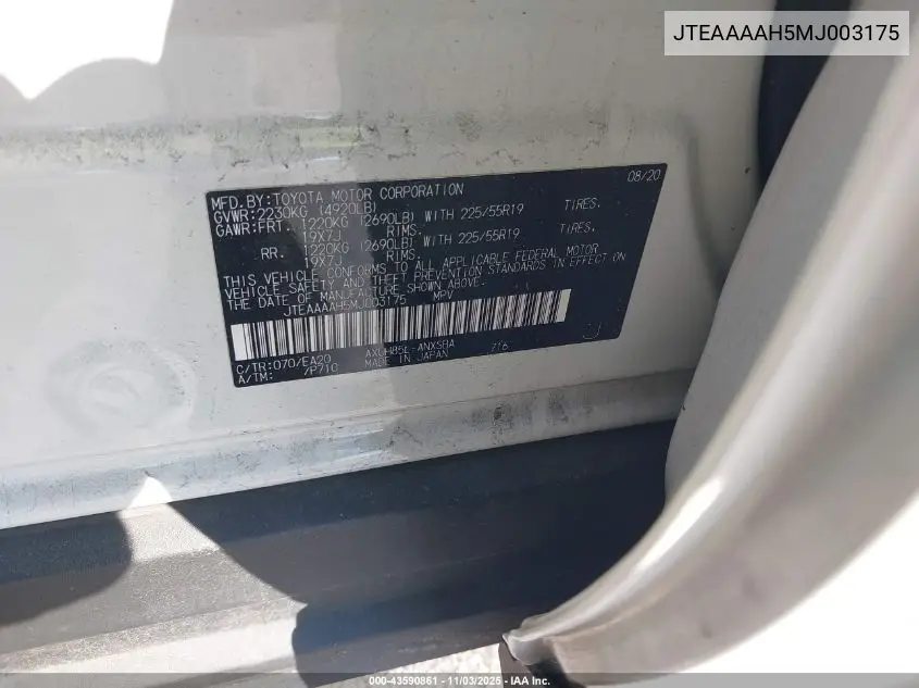 JTEAAAAH5MJ003175 2021 Toyota Venza Limited