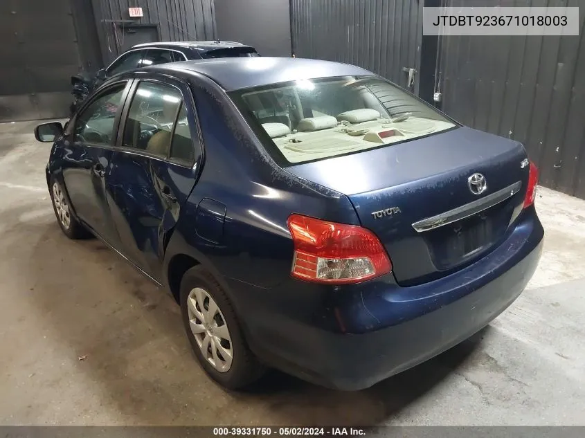 2007 Toyota Yaris VIN: JTDBT923671018003 Lot: 39331750