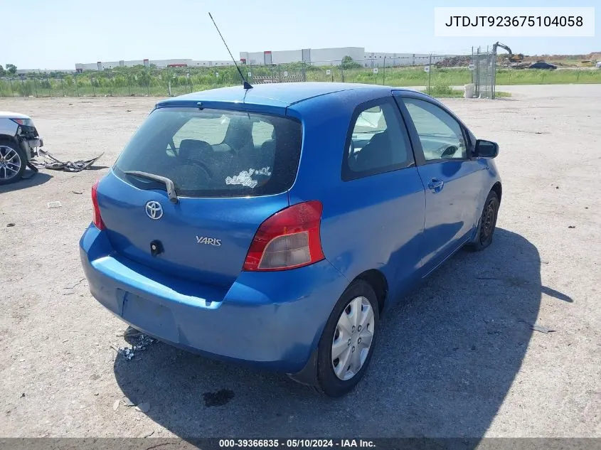 2007 Toyota Yaris VIN: JTDJT923675104058 Lot: 39366835