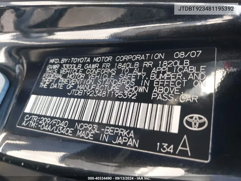 JTDBT923481195392 2008 Toyota Yaris