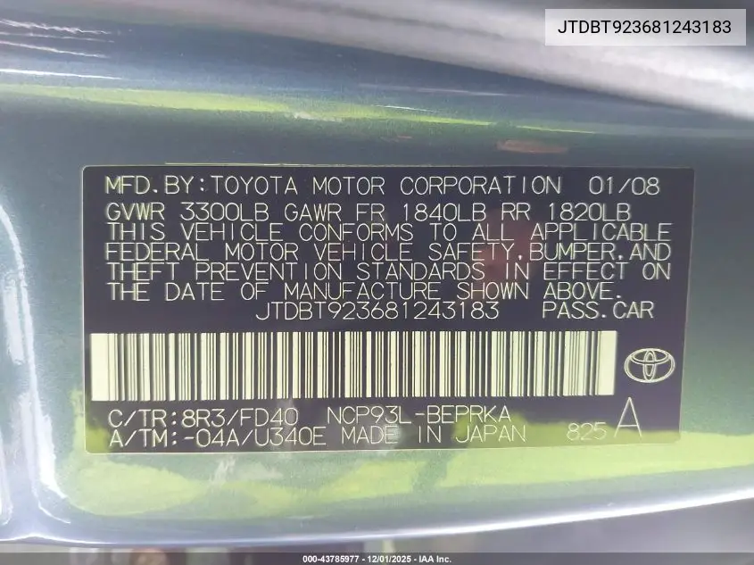 JTDBT923681243183 2008 Toyota Yaris