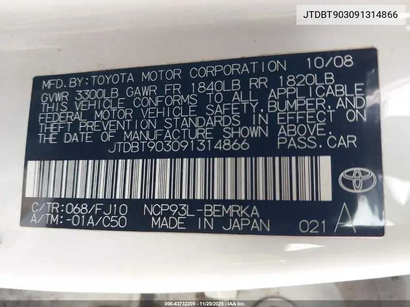 JTDBT903091314866 2009 Toyota Yaris