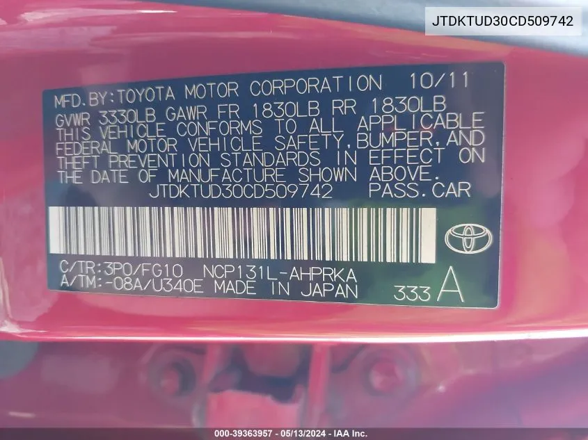 JTDKTUD30CD509742 2012 Toyota Yaris L