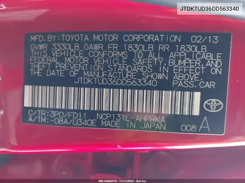 JTDKTUD36DD563340 2013 Toyota Yaris Se