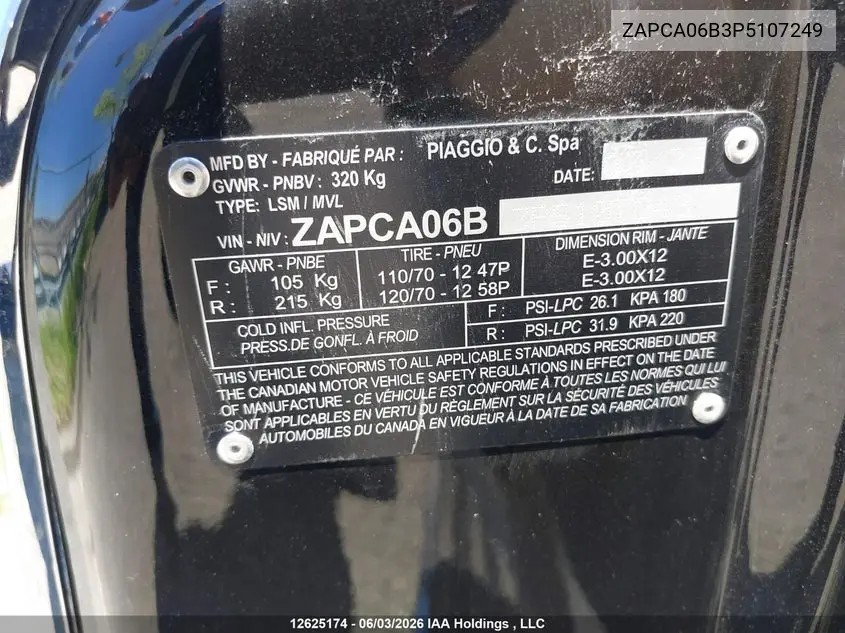 2023 Vespa Primavera/Sprint 50 VIN: ZAPCA06B3P5107249 Lot: 12625174