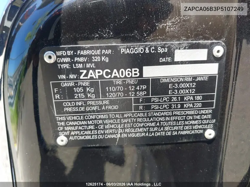 2023 Vespa Primavera/Sprint 50 VIN: ZAPCA06B3P5107249 Lot: 12625174