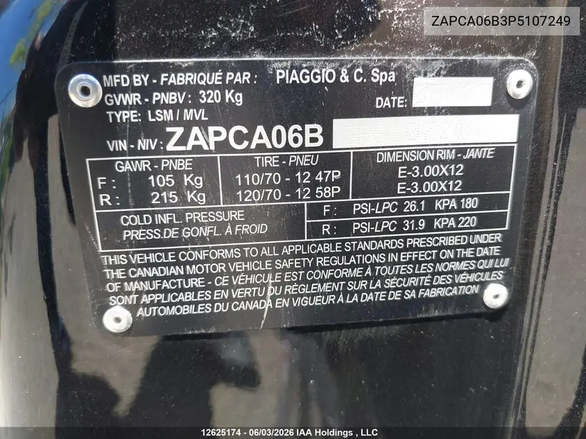 2023 Vespa Primavera/Sprint 50 VIN: ZAPCA06B3P5107249 Lot: 12625174