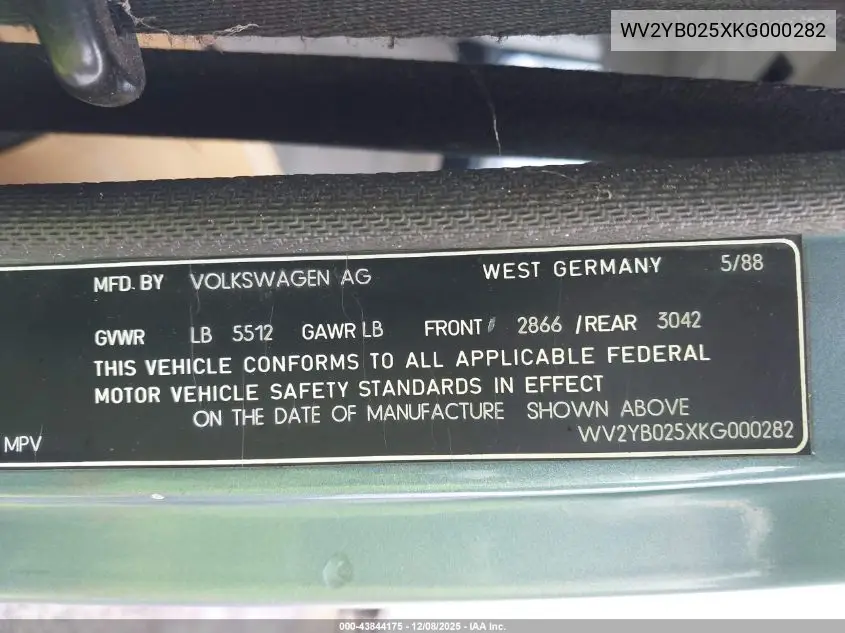 WV2YB025XKG000282 1989 Volkswagen Vanagon Bus