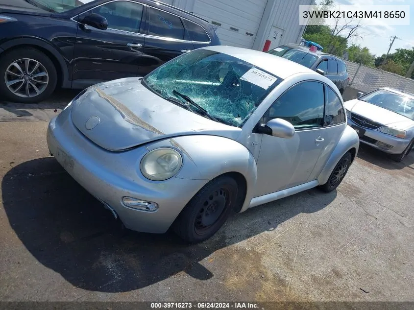 3VWBK21C43M418650 2003 Volkswagen New Beetle Gl