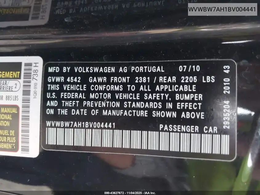 WVWBW7AH1BV004441 2011 Volkswagen Eos Komfort