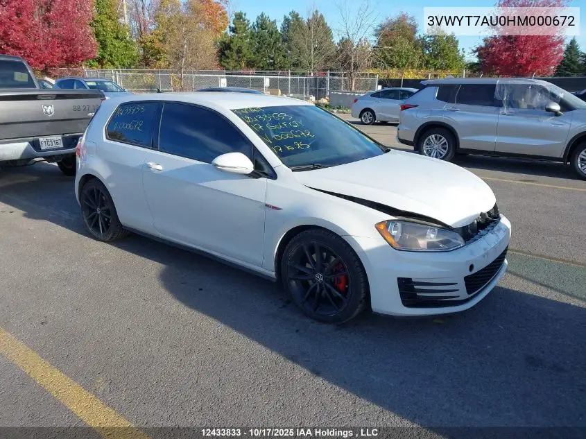 3VWYT7AU0HM000672 2017 Volkswagen Golf Gti