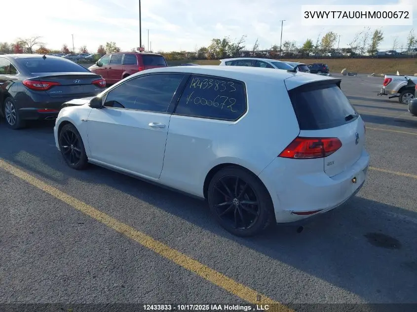 3VWYT7AU0HM000672 2017 Volkswagen Golf Gti