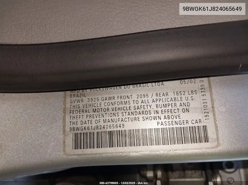 9BWGK61J824065649 2002 Volkswagen Golf Gls 2.0L