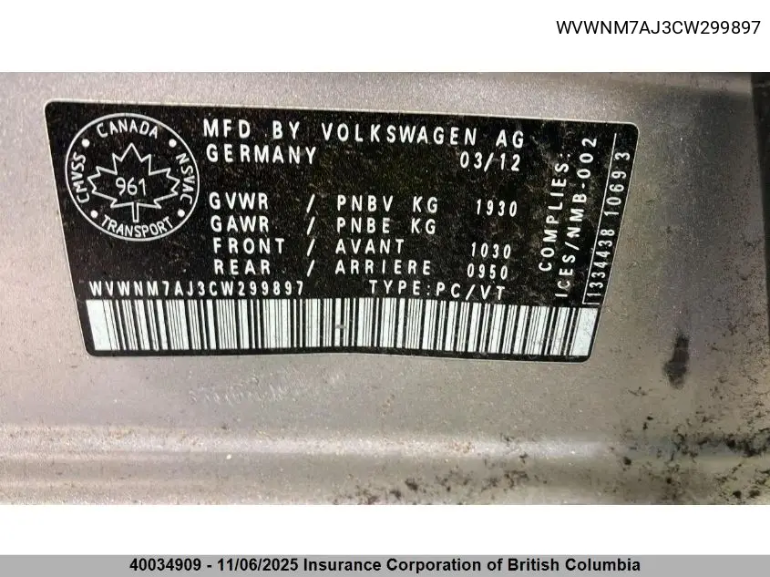 WVWNM7AJ3CW299897 2012 Volkswagen Golf