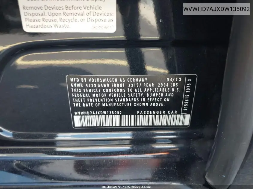 WVWHD7AJXDW135092 2013 Volkswagen Gti Drivers Edition