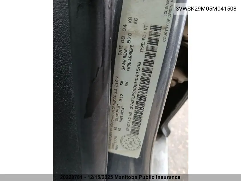 3VWSK29M05M041508 2005 Volkswagen Jetta Gls