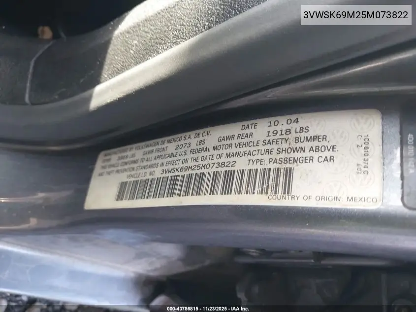 3VWSK69M25M073822 2005 Volkswagen Jetta Gls 2.0L