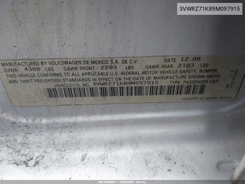 3VWRZ71K89M097915 2009 Volkswagen Jetta Se