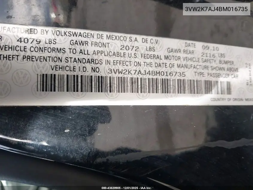 3VW2K7AJ4BM016735 2011 Volkswagen Jetta 2.0L S