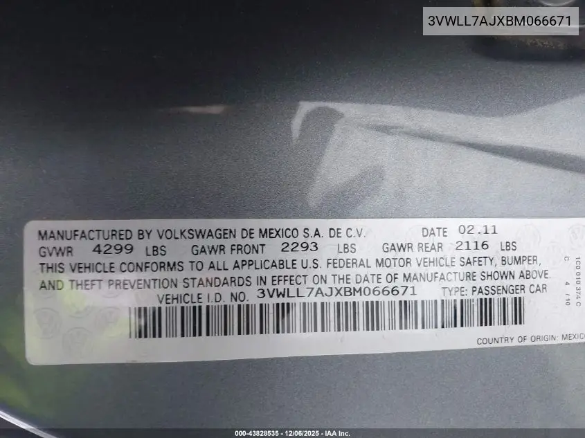 3VWLL7AJXBM066671 2011 Volkswagen Jetta 2.0L Tdi