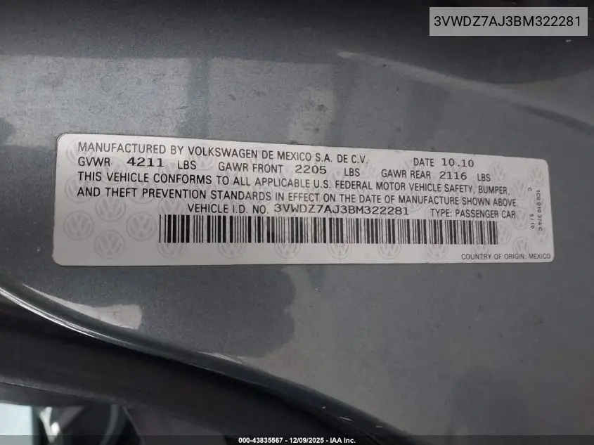 3VWDZ7AJ3BM322281 2011 Volkswagen Jetta 2.5L Se