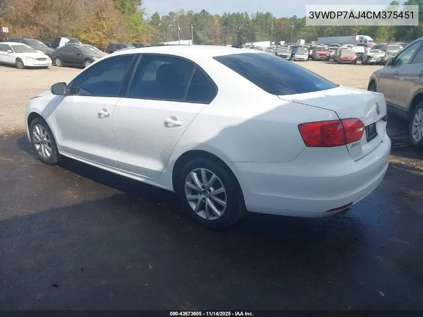 3VWDP7AJ4CM375451 2012 Volkswagen Jetta 2.5L Se