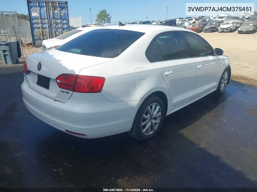 3VWDP7AJ4CM375451 2012 Volkswagen Jetta 2.5L Se