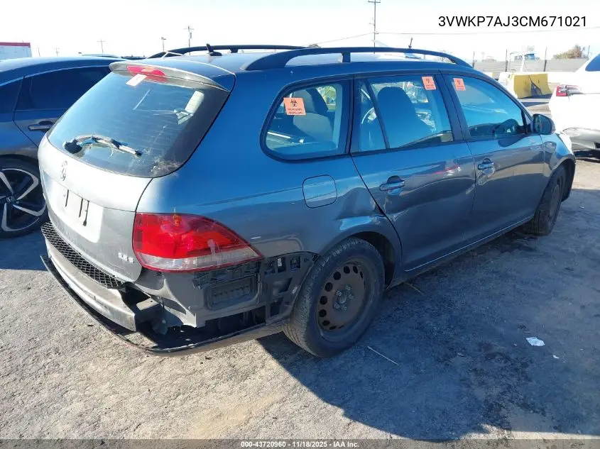 3VWKP7AJ3CM671021 2012 Volkswagen Jetta Sportwagen 2.5L S