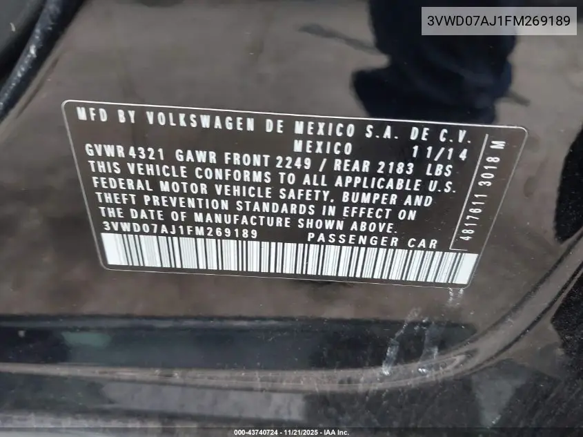 3VWD07AJ1FM269189 2015 Volkswagen Jetta 1.8T Se