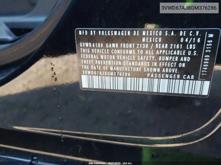 3VWD67AJ8GM376286 2016 Volkswagen Jetta 1.4T Se
