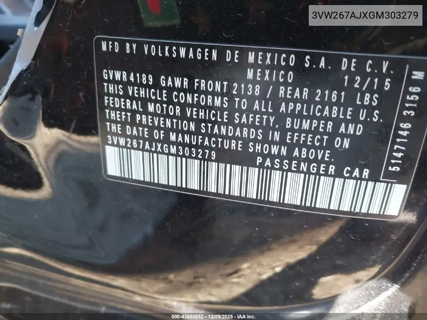 3VW267AJXGM303279 2016 Volkswagen Jetta 1.4T S